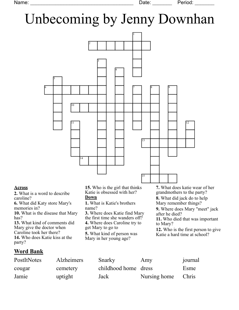 Unbecoming by Jenny Downhan Crossword