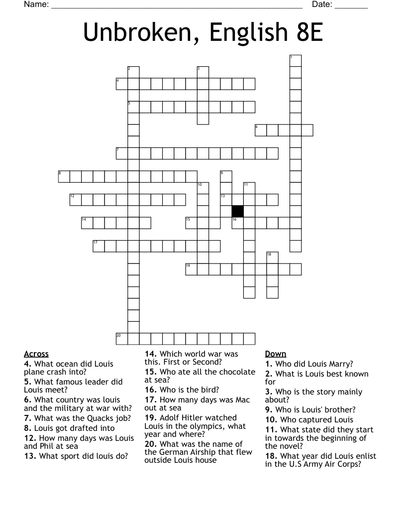 Unbroken, English 8E Crossword
