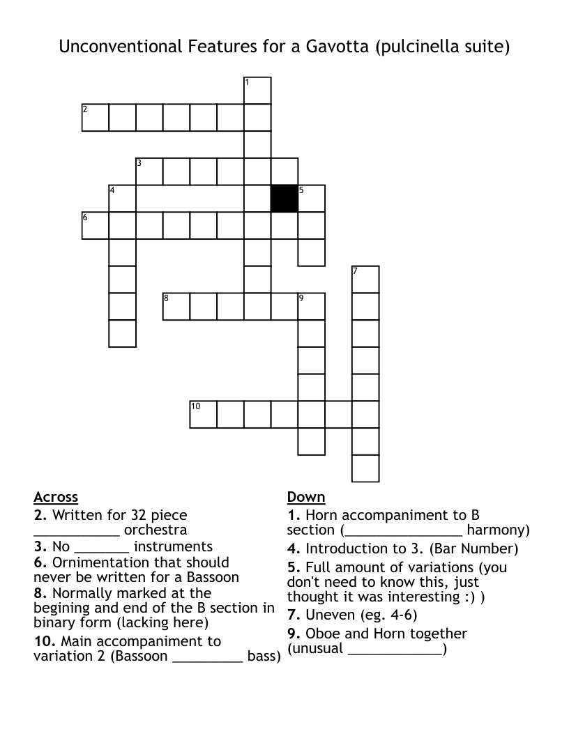 Unconventional Features for a Gavotta (pulcinella suite) Crossword