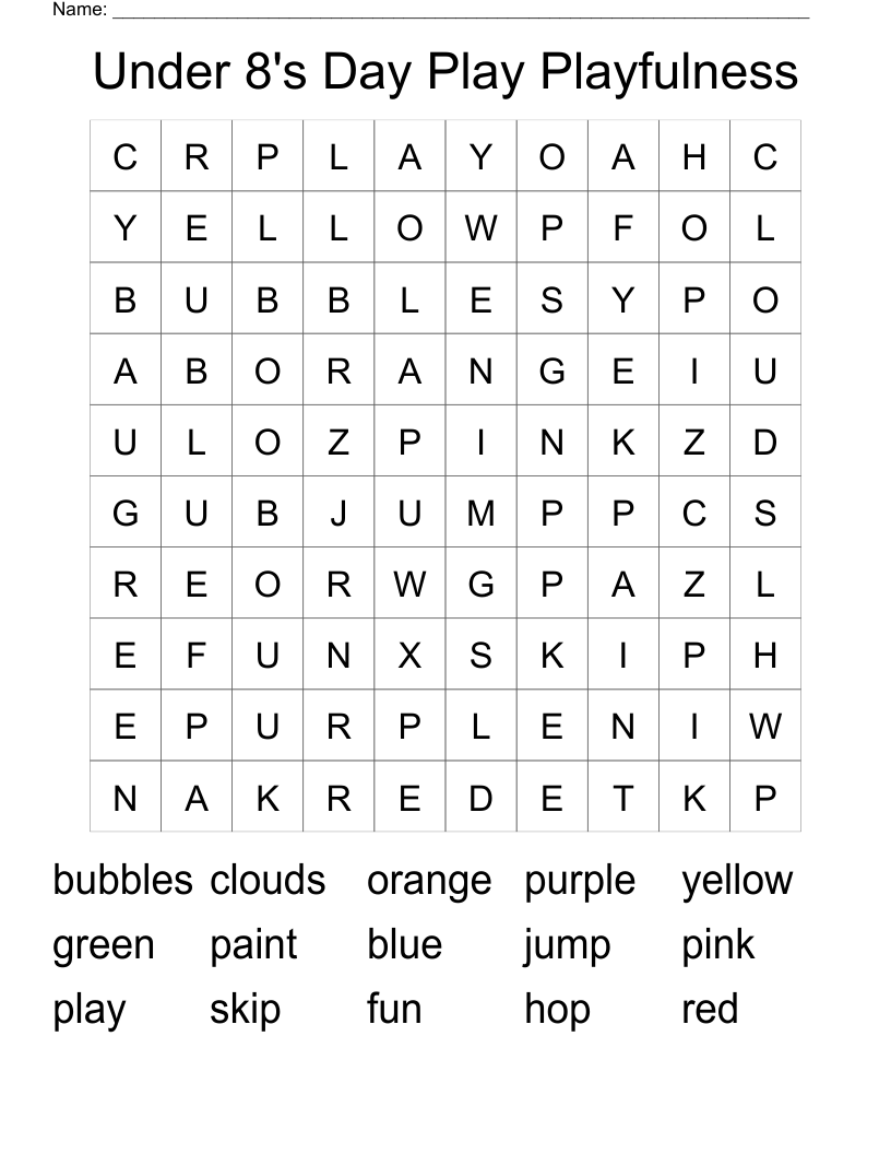 Under 8's Day Play Playfulness Word Search