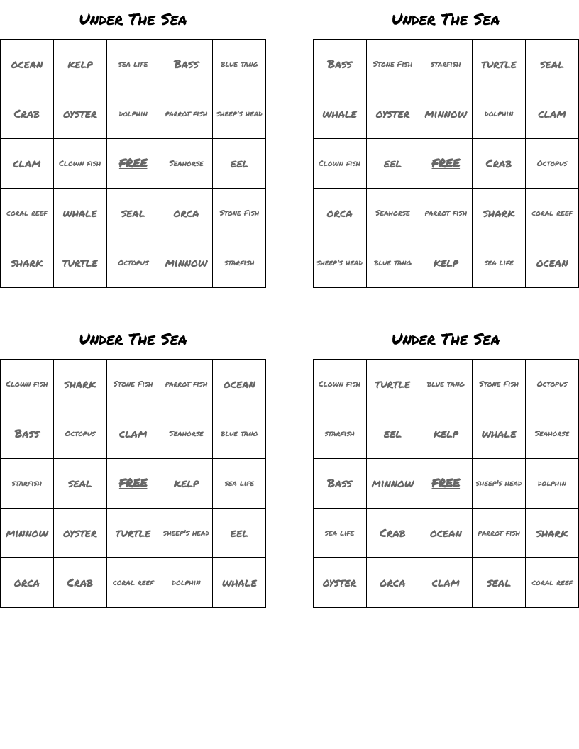 Under The Sea Bingo Cards