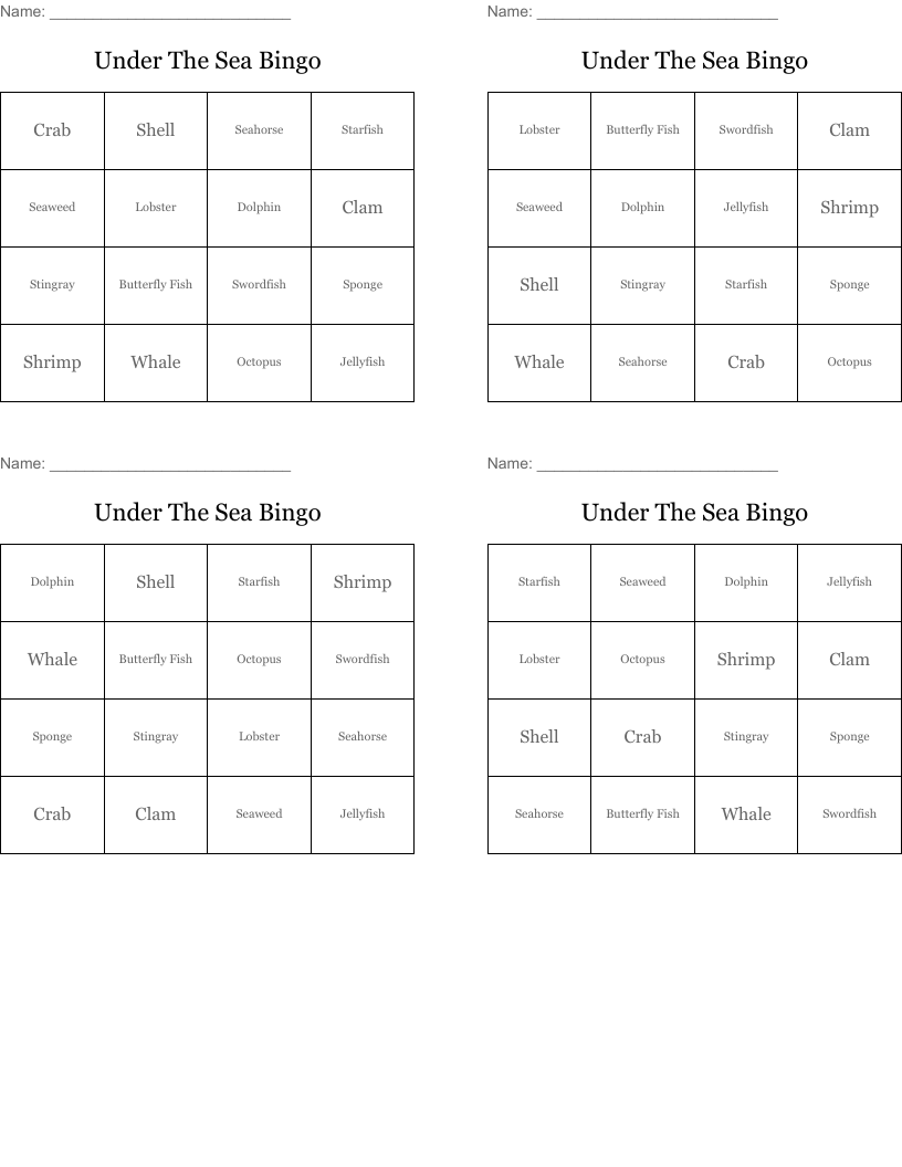 Under The Sea Bingo