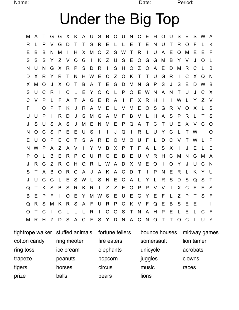 Under the Big Top Word Search