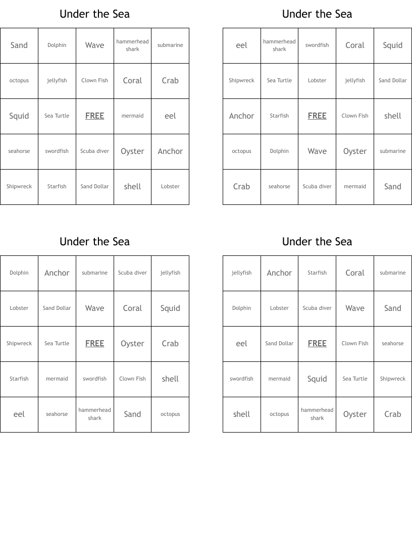 Under the Sea Bingo Cards