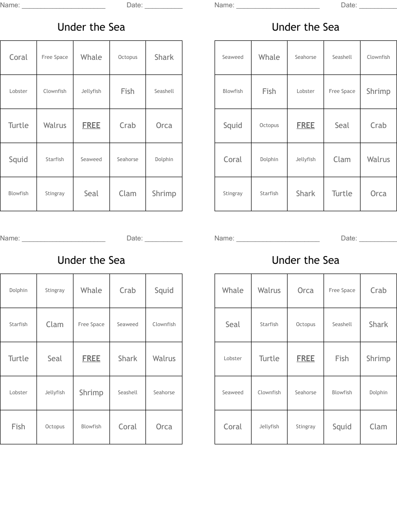 Under the Sea Bingo Cards