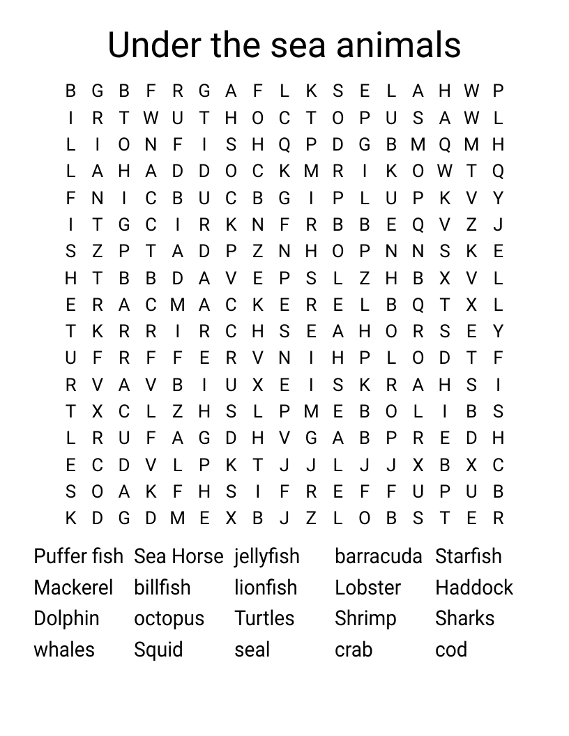 Under the sea animals Word Search