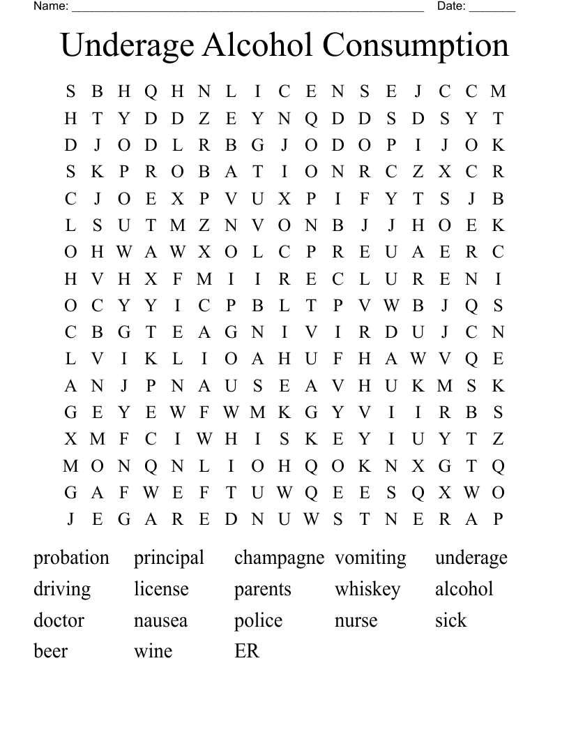 Underage Alcohol Consumption Word Search