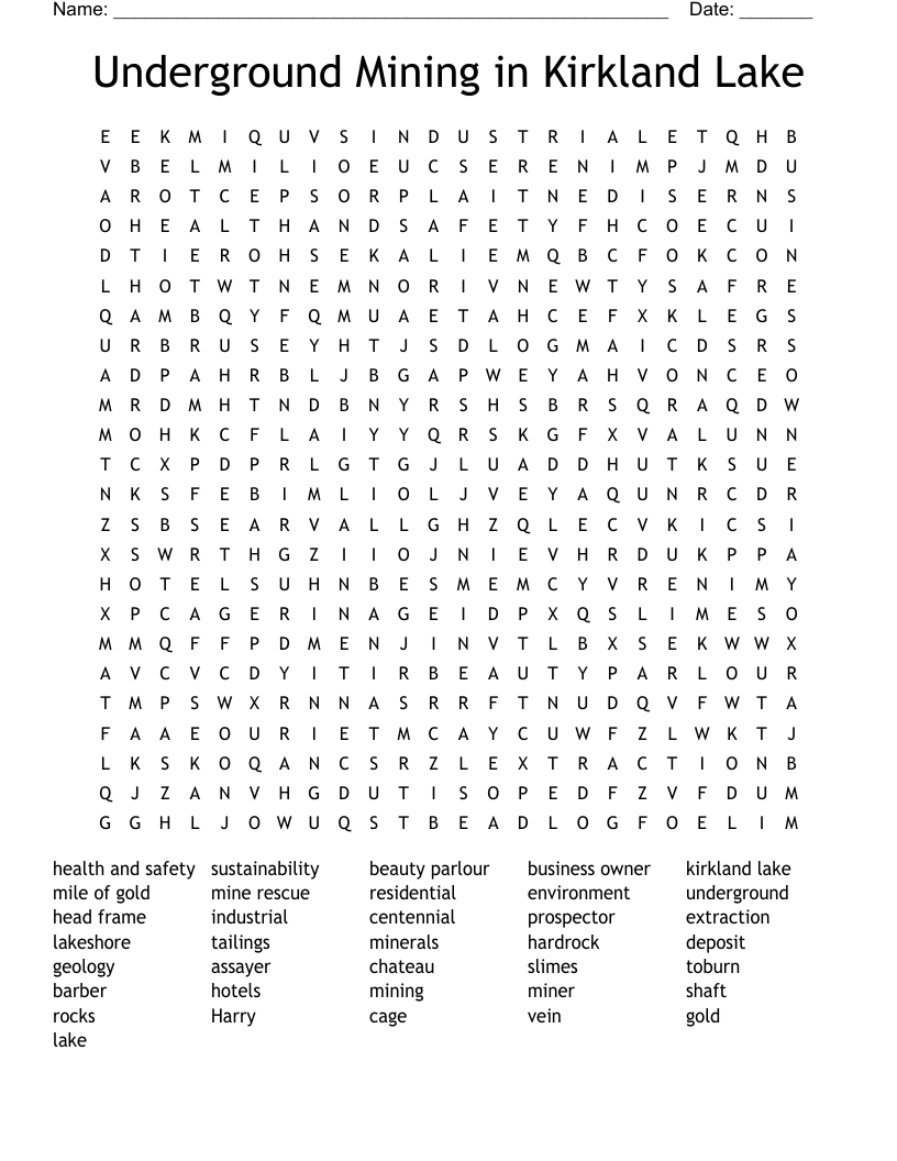 Underground Mining in Kirkland Lake Word Search