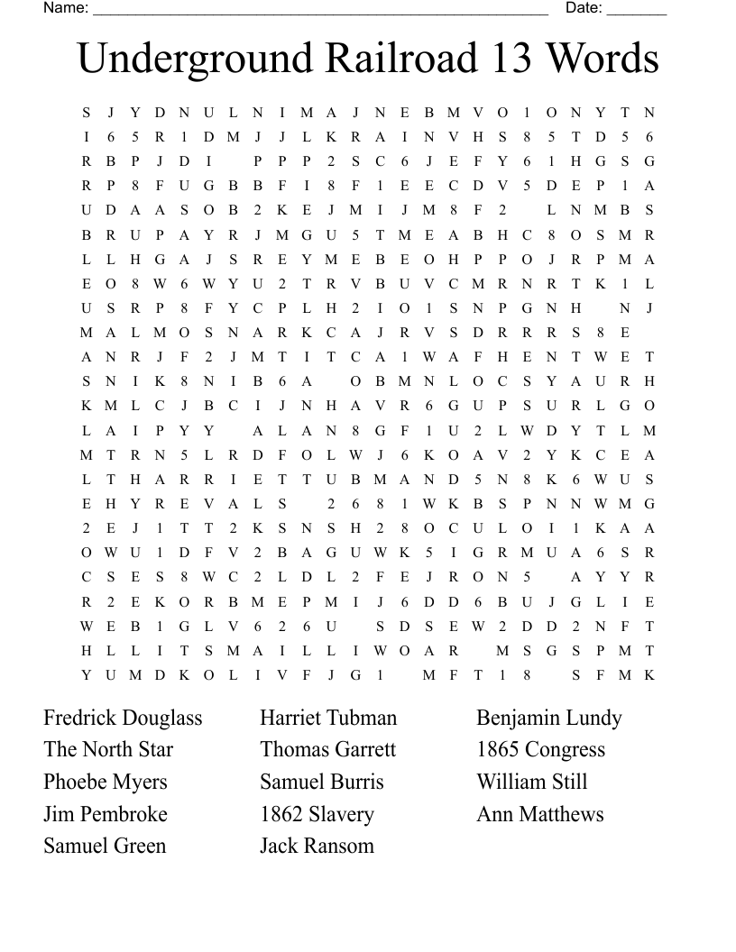 Underground Railroad 13 Words Word Search