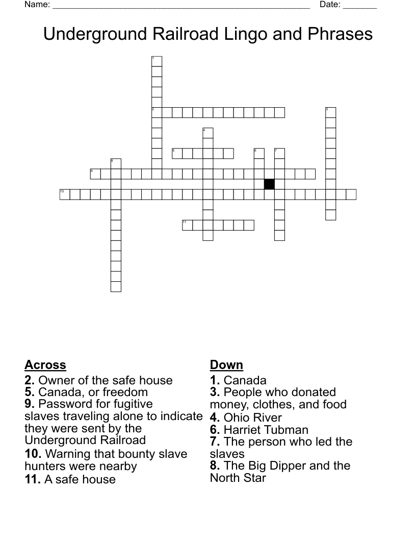 Underground Railroad Lingo and Phrases Crossword