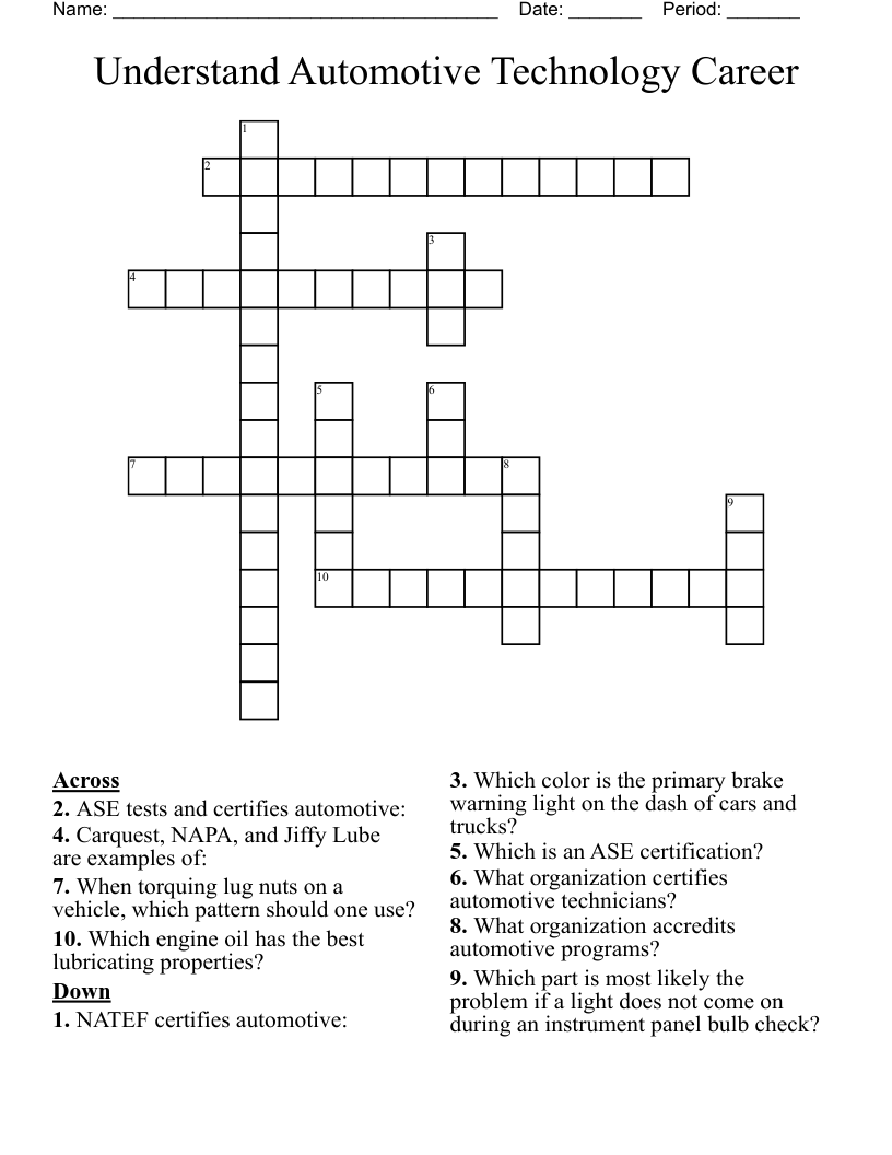 Understand Automotive Technology Career Crossword