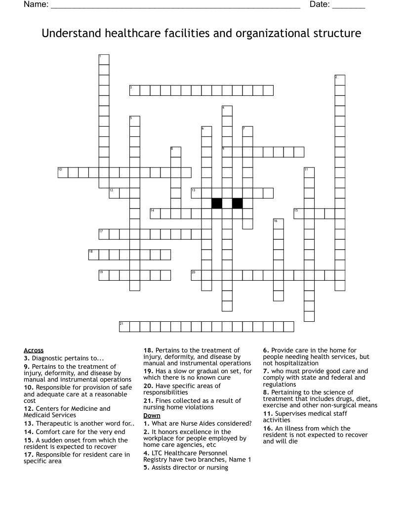 Understand healthcare facilities and organizational structure Crossword