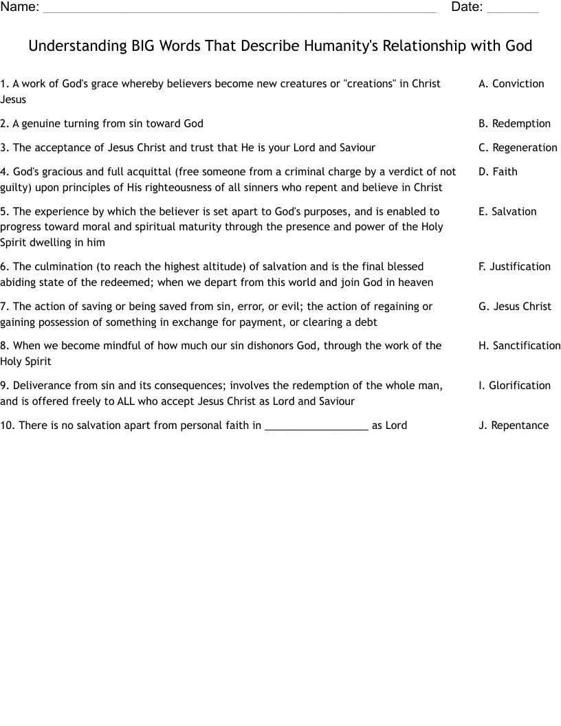 Understanding BIG Words That Describe Humanity's Relationship with God Worksheet