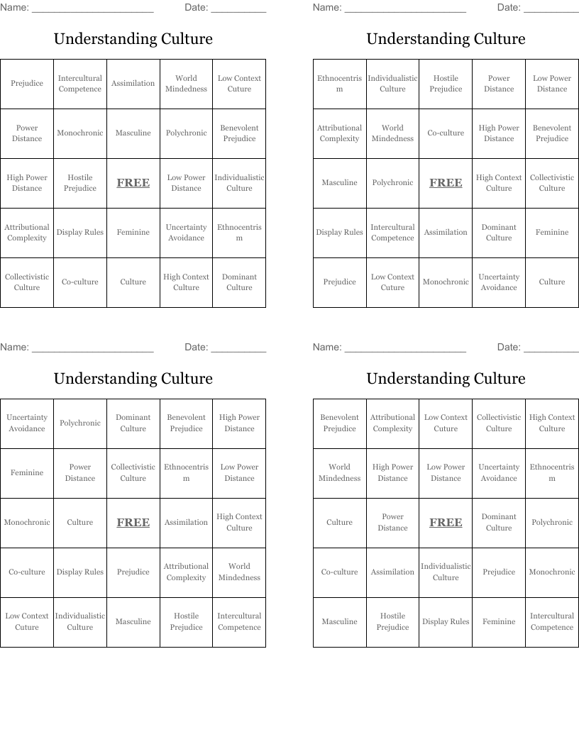 Understanding Culture Bingo Cards