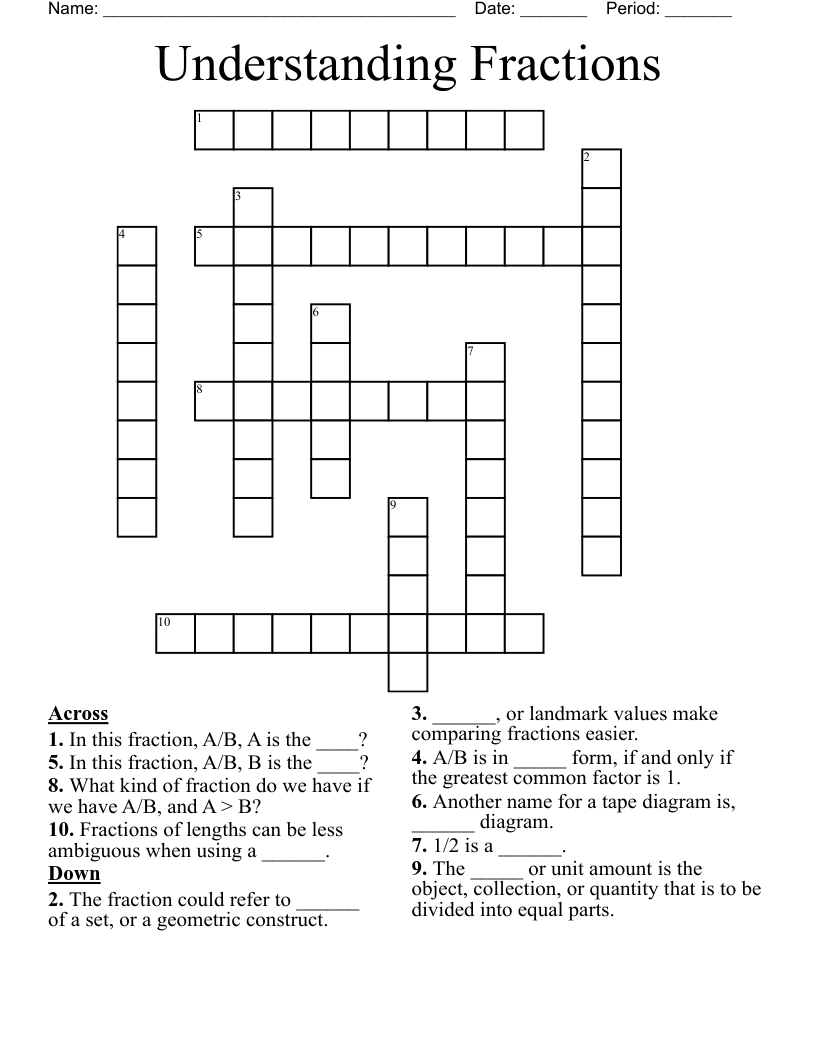 Understanding Fractions Crossword