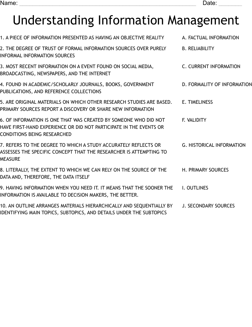 Understanding Information Management Worksheet