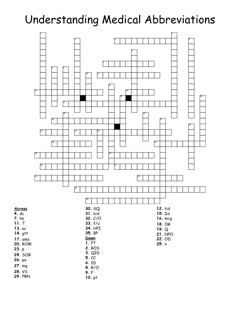 Understanding Medical Abbreviations Crossword