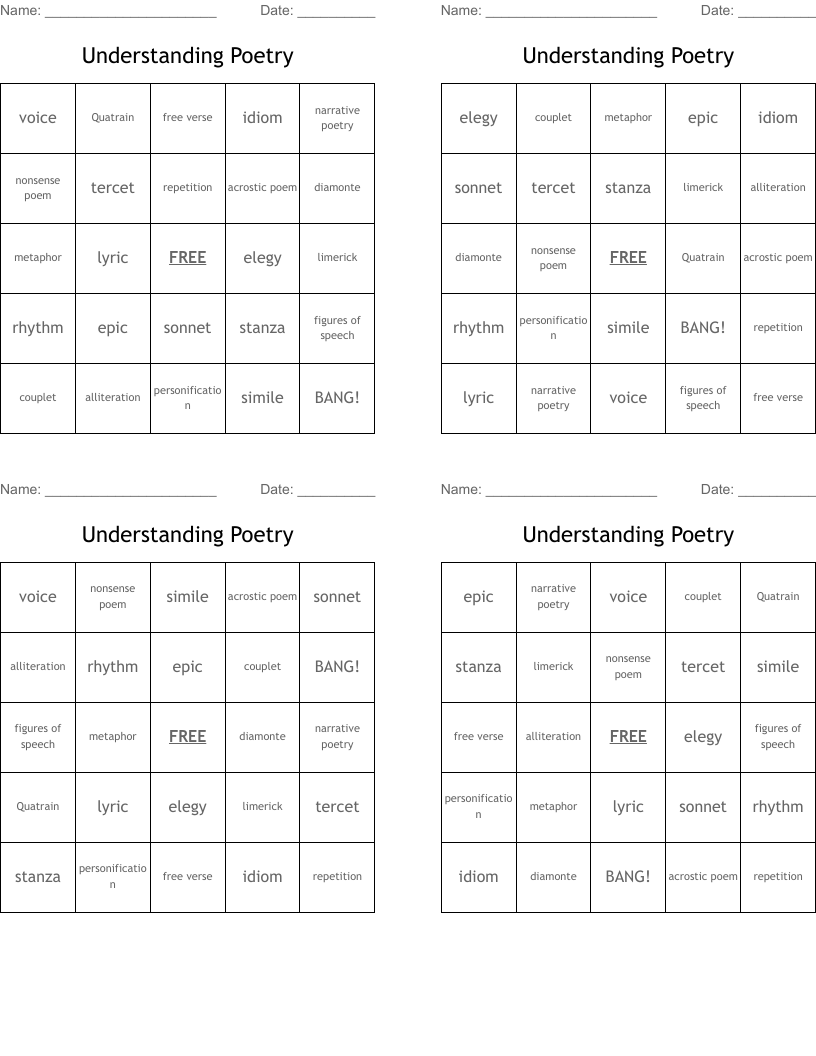 Understanding Poetry Bingo Cards