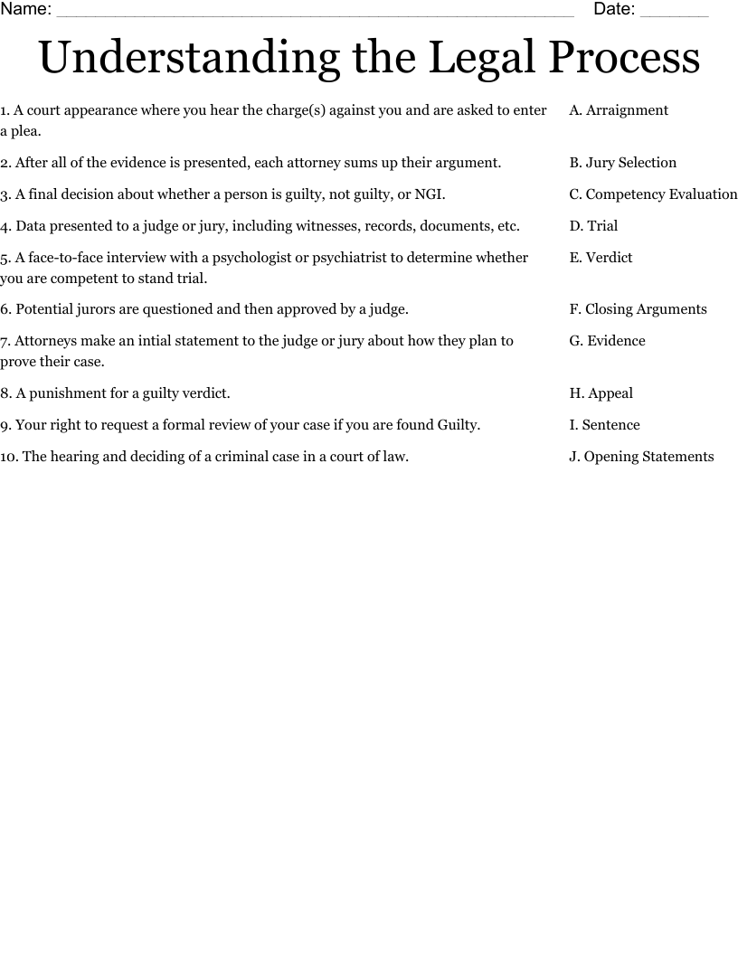 Understanding the Legal Process Worksheet