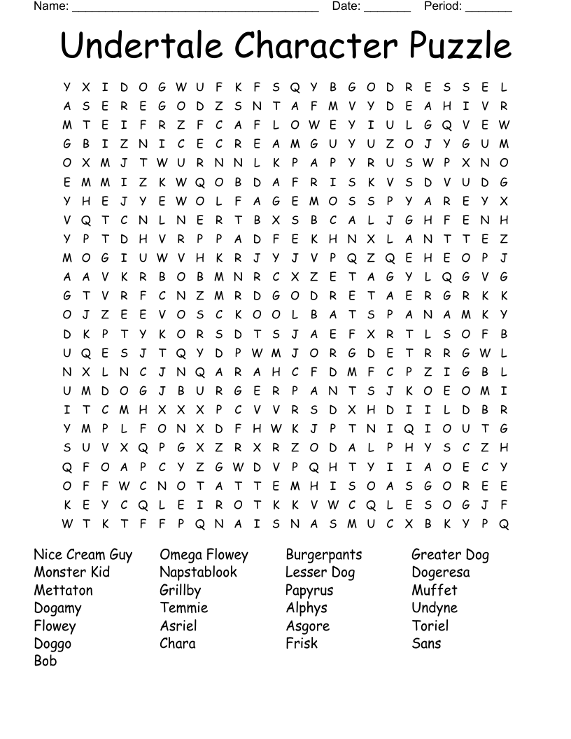 Undertale Character Puzzle Word Search