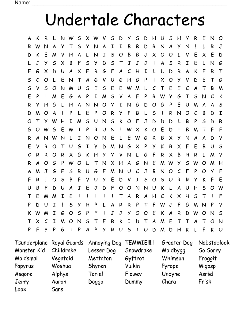 Undertale Characters Word Search