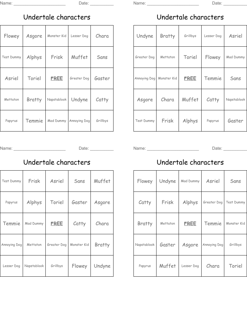 Undertale characters Bingo Cards