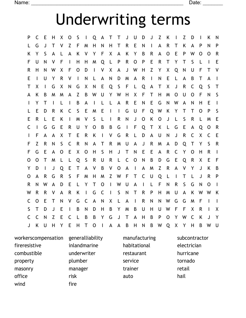 Underwriting terms Word Search