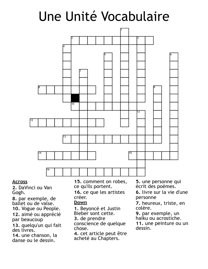 Une Unité Vocabulaire Crossword