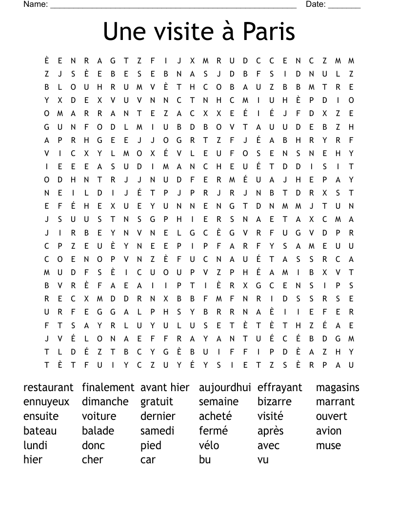 Une visite à Paris Word Search