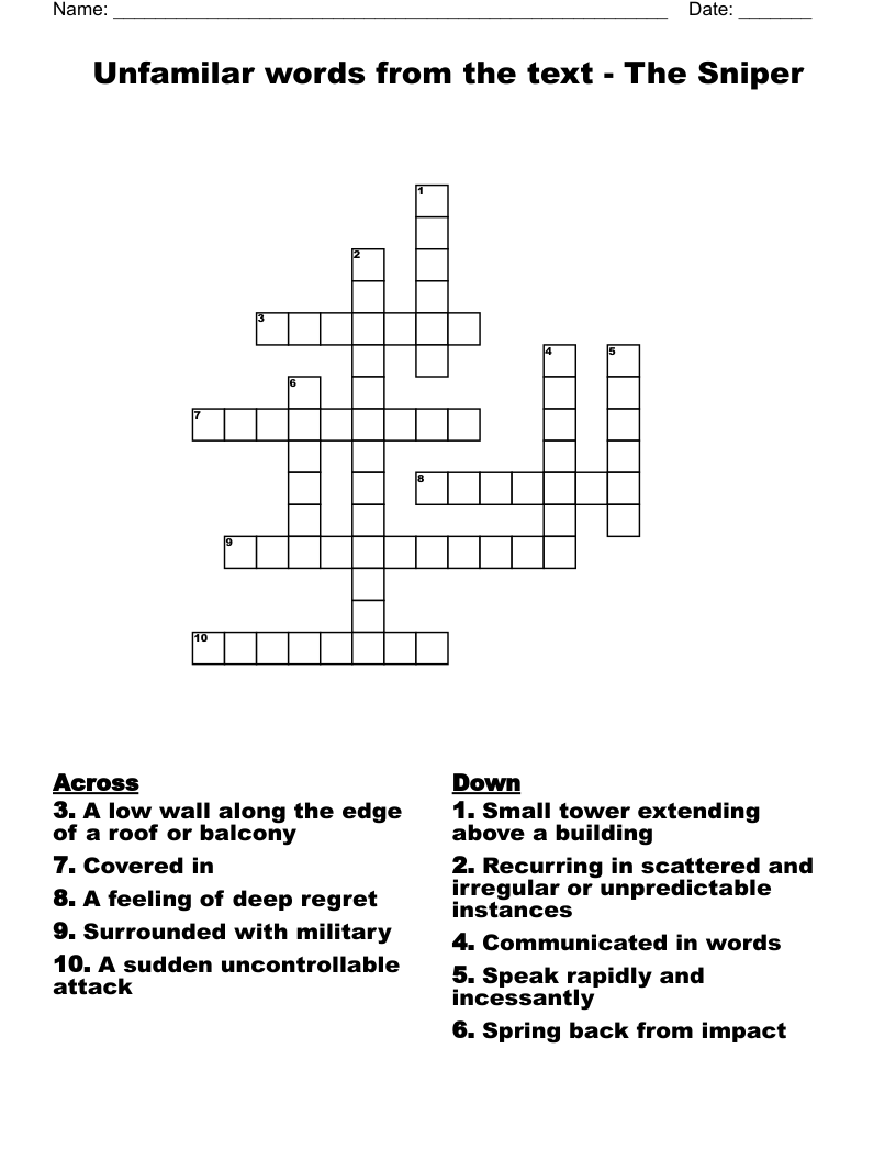 Unfamilar words from the text - The Sniper Crossword