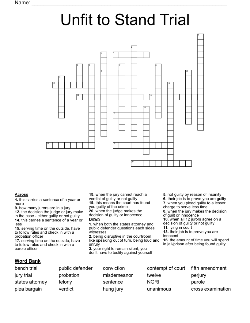 Unfit to Stand Trial Crossword