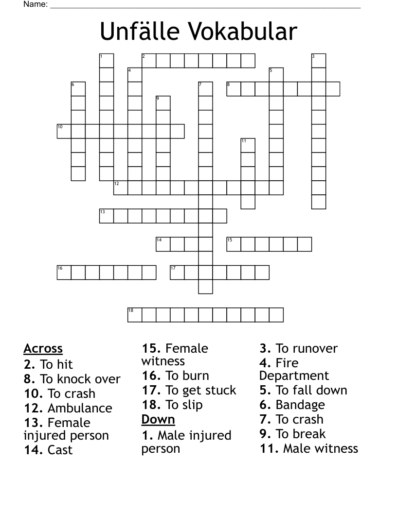Unfälle Vokabular Crossword