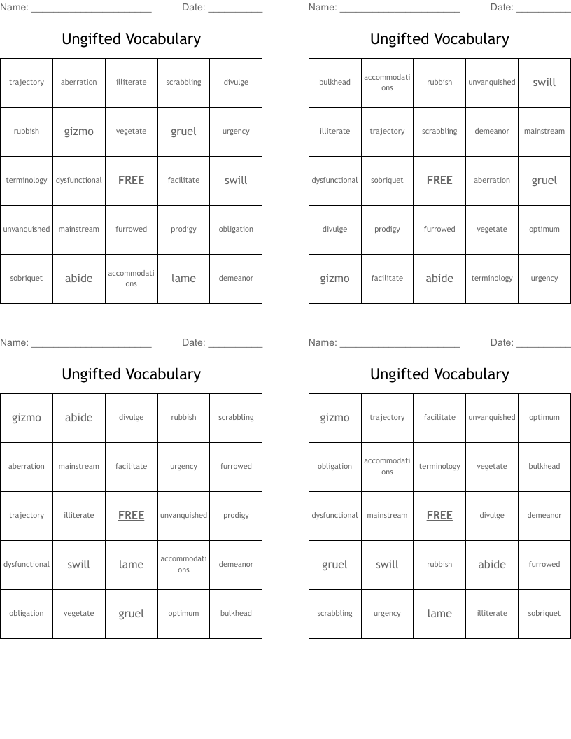 Ungifted Vocabulary Bingo Cards