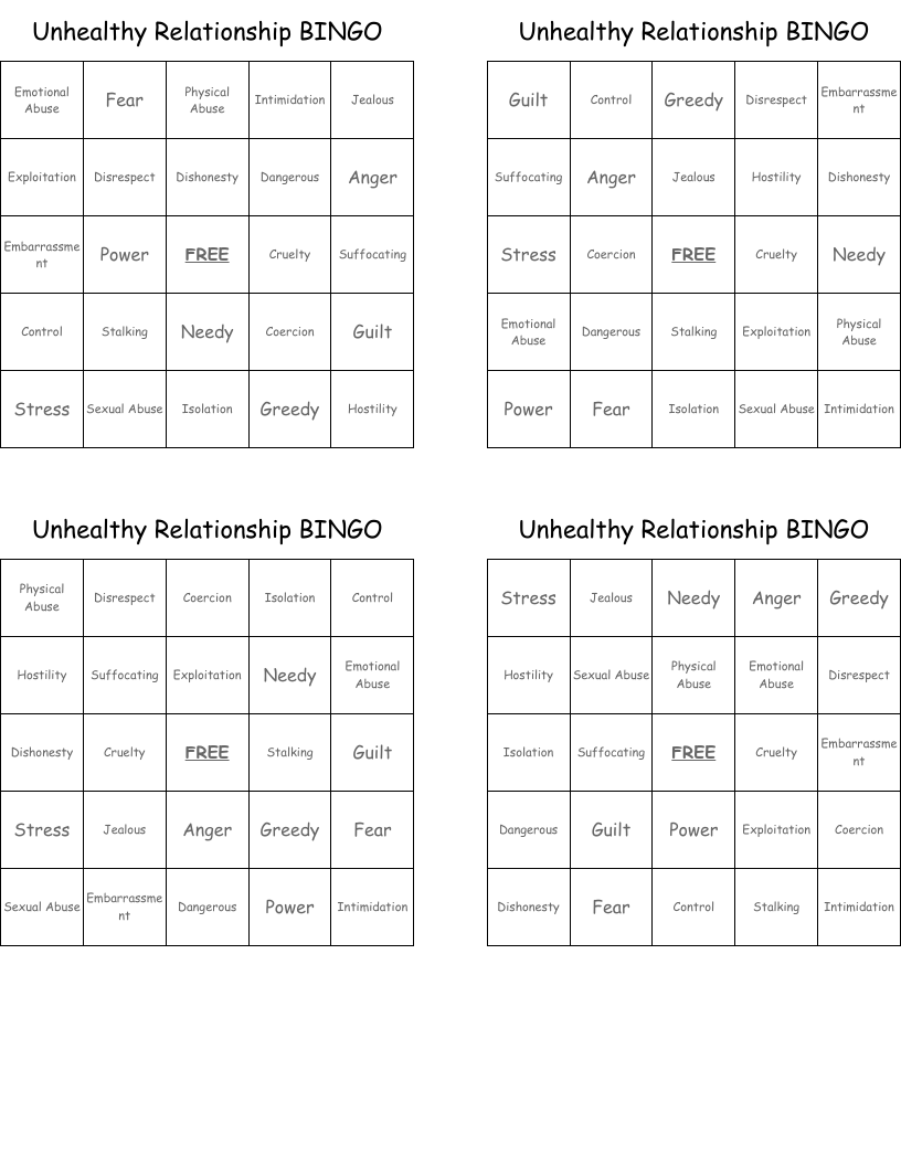 Unhealthy Relationship BINGO