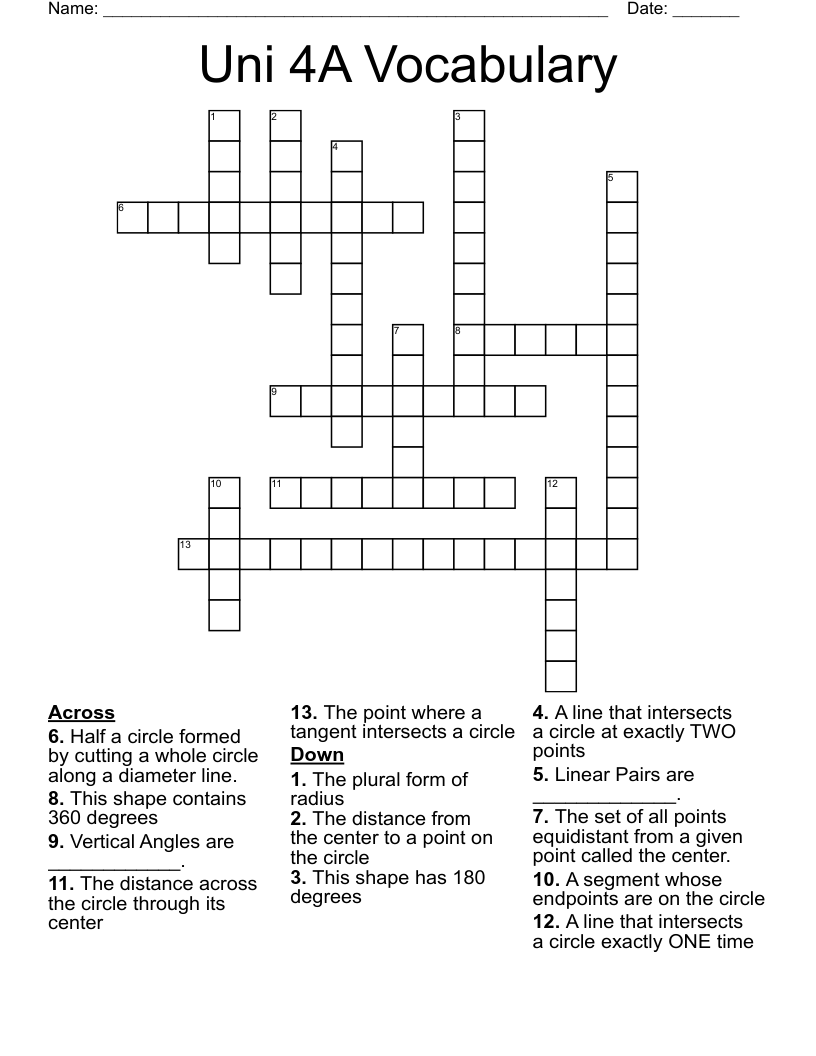 Uni 4A Vocabulary Crossword