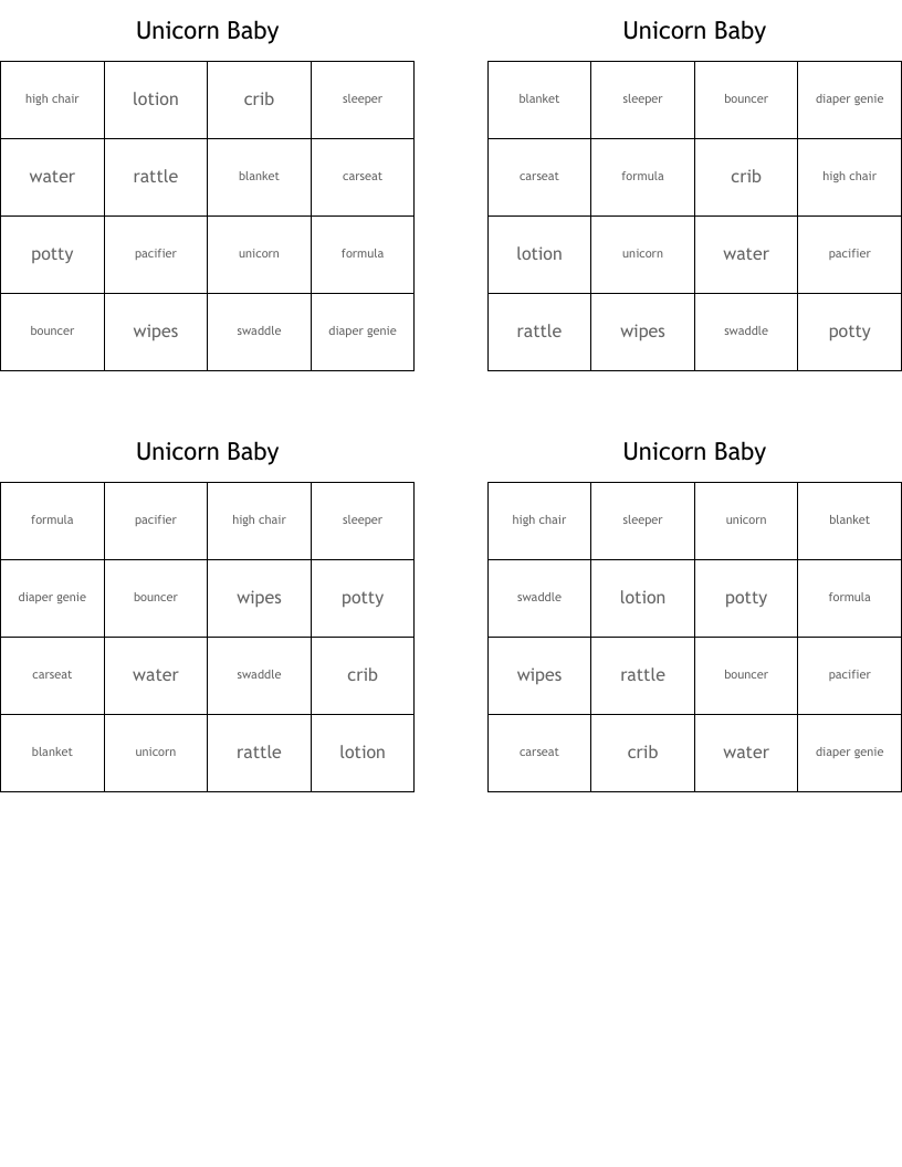 Unicorn Baby Bingo Cards
