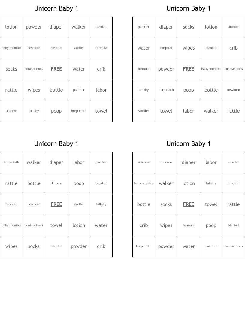 Unicorn Baby 1 Bingo Cards
