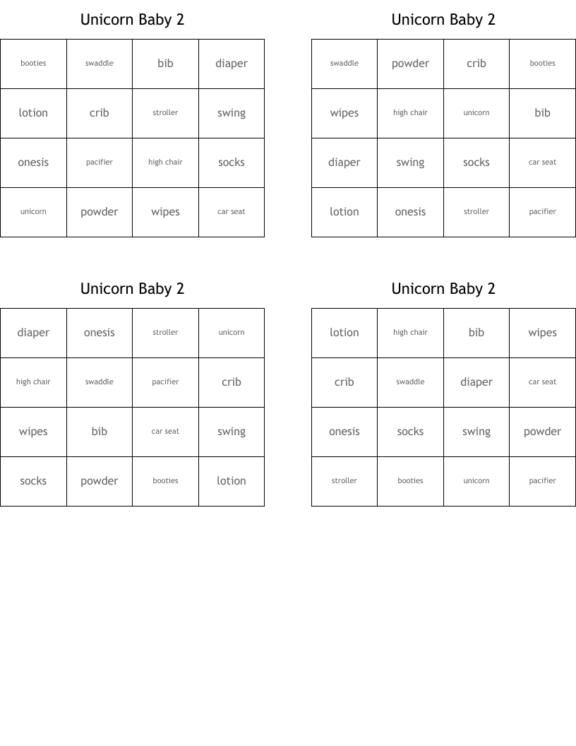 Unicorn Baby 2 Bingo Cards