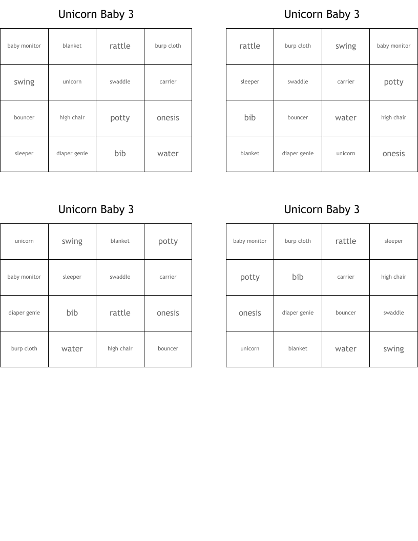 Unicorn Baby 3 Bingo Cards