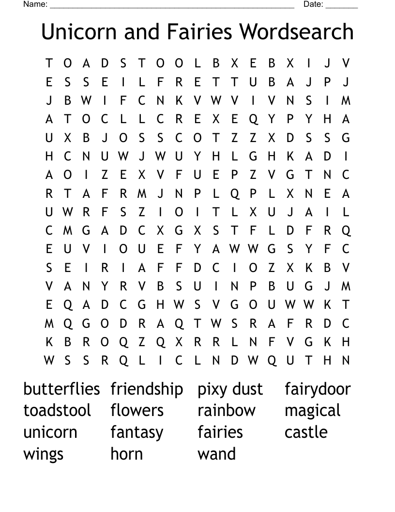 Unicorn and Fairies Wordsearch