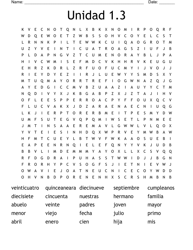 Unidad 1.3 Word Search