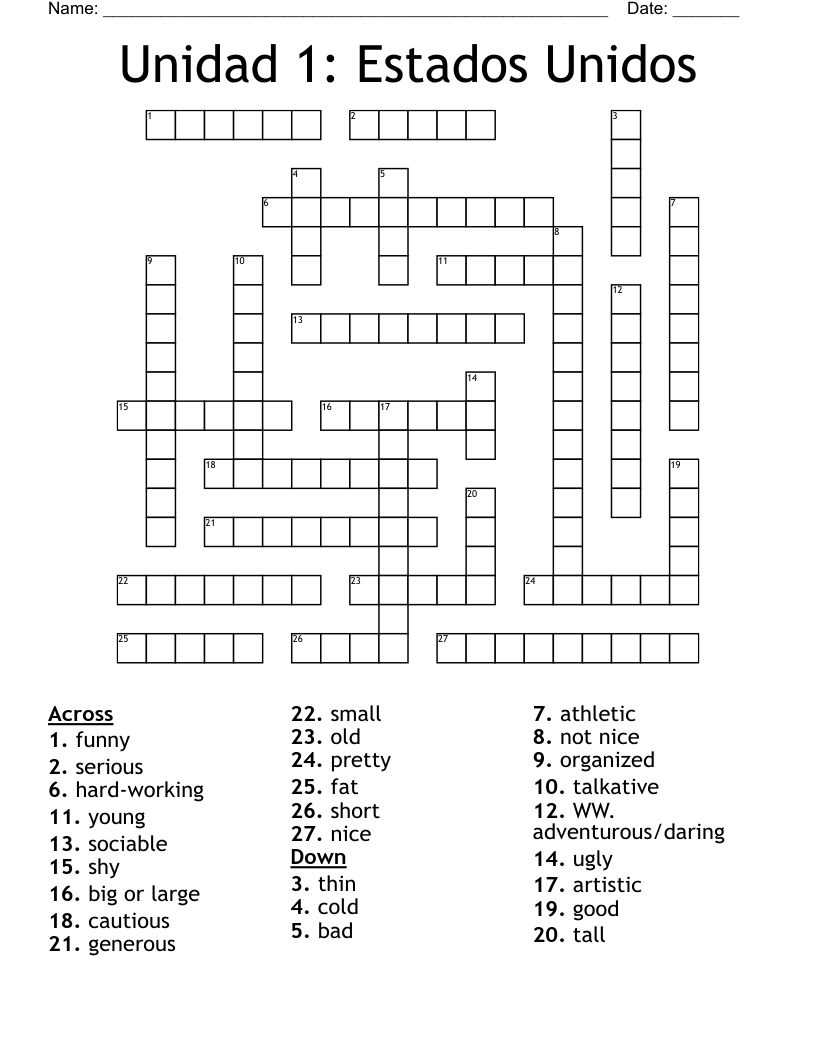Unidad 1: Estados Unidos Crossword