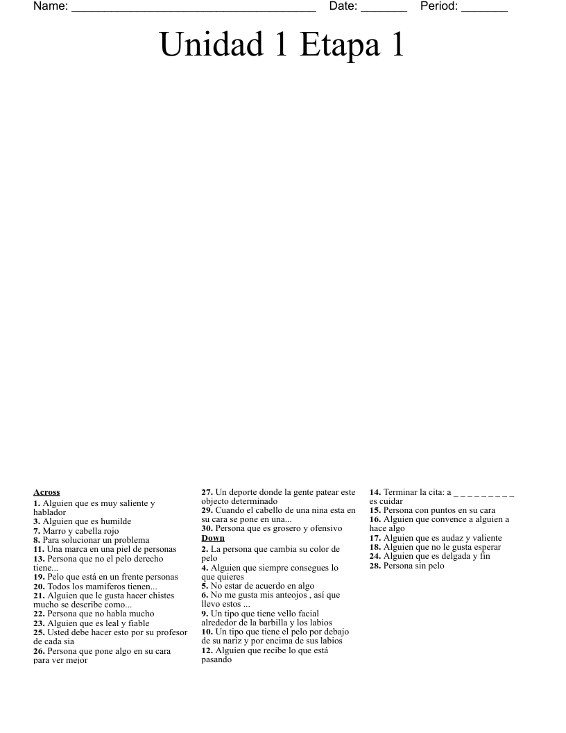 Unidad 1 Etapa 1 Crossword