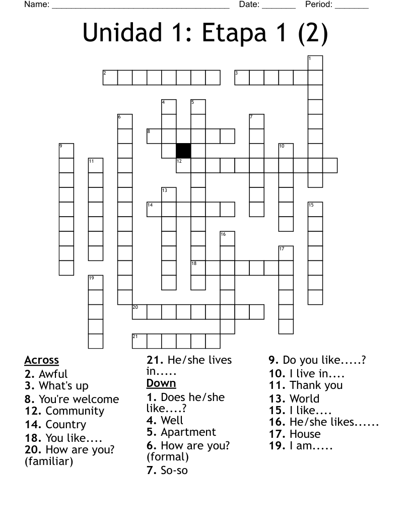 Unidad 1: Etapa 1 (2) Crossword