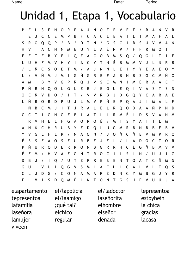 Unidad 1, Etapa 1, Vocabulario Word Search