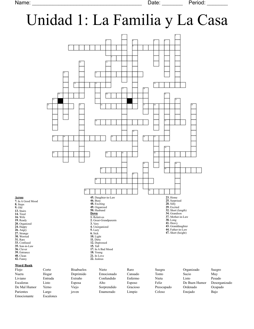 Unidad 1: La Familia y La Casa Crossword