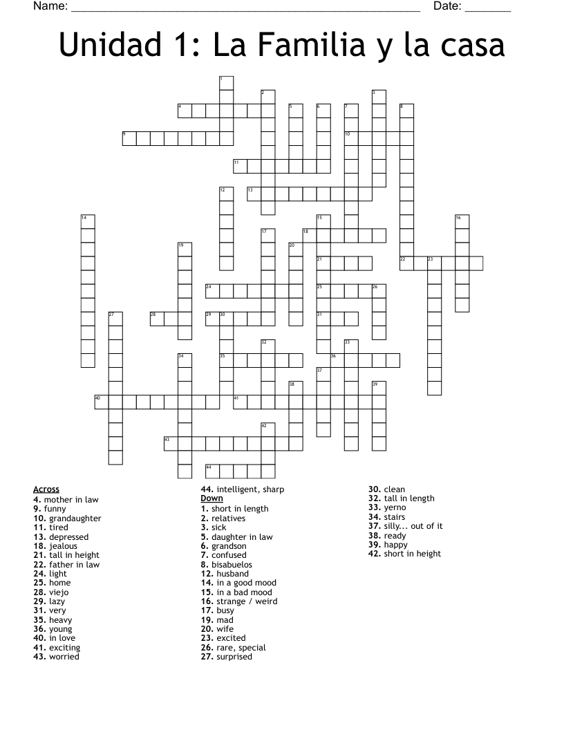 Unidad 1: La Familia y la casa Crossword