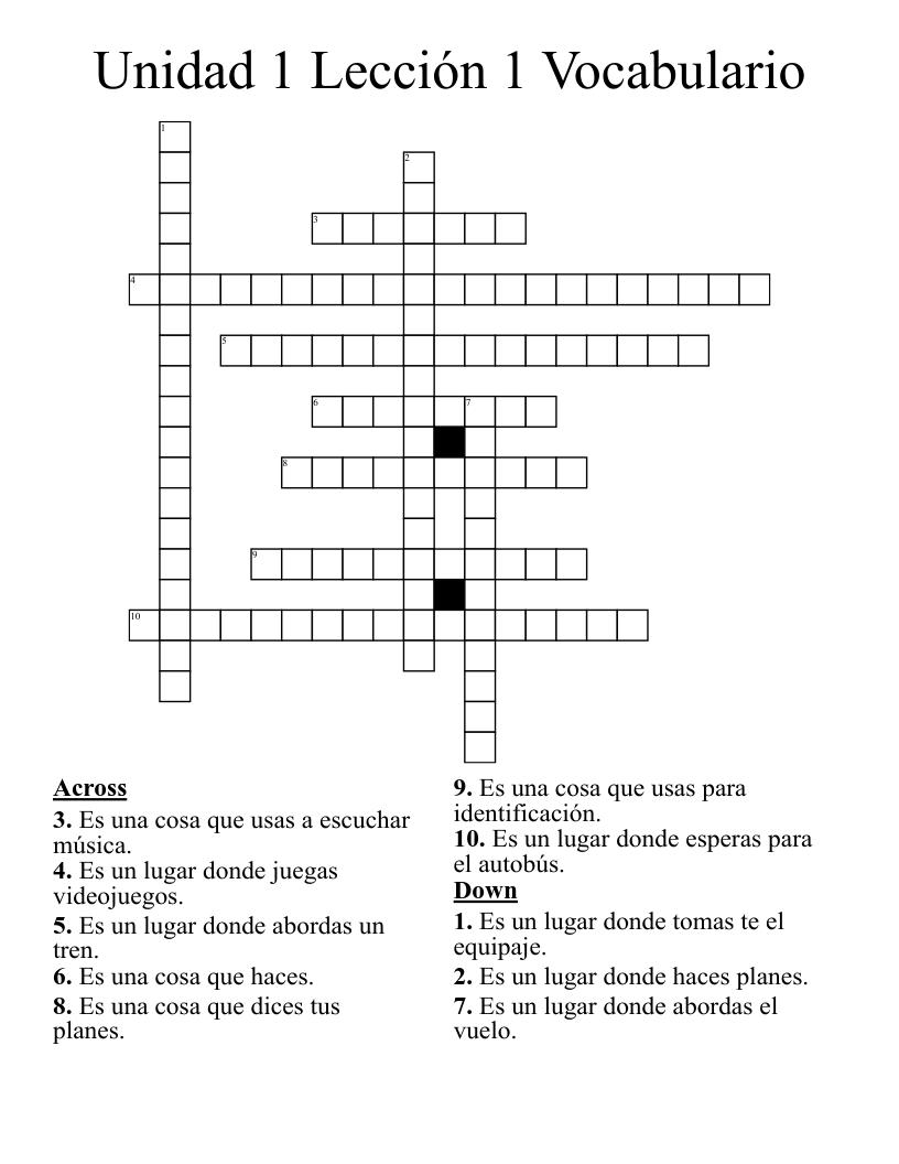 Unidad 1 Lección 1 Vocabulario Crossword