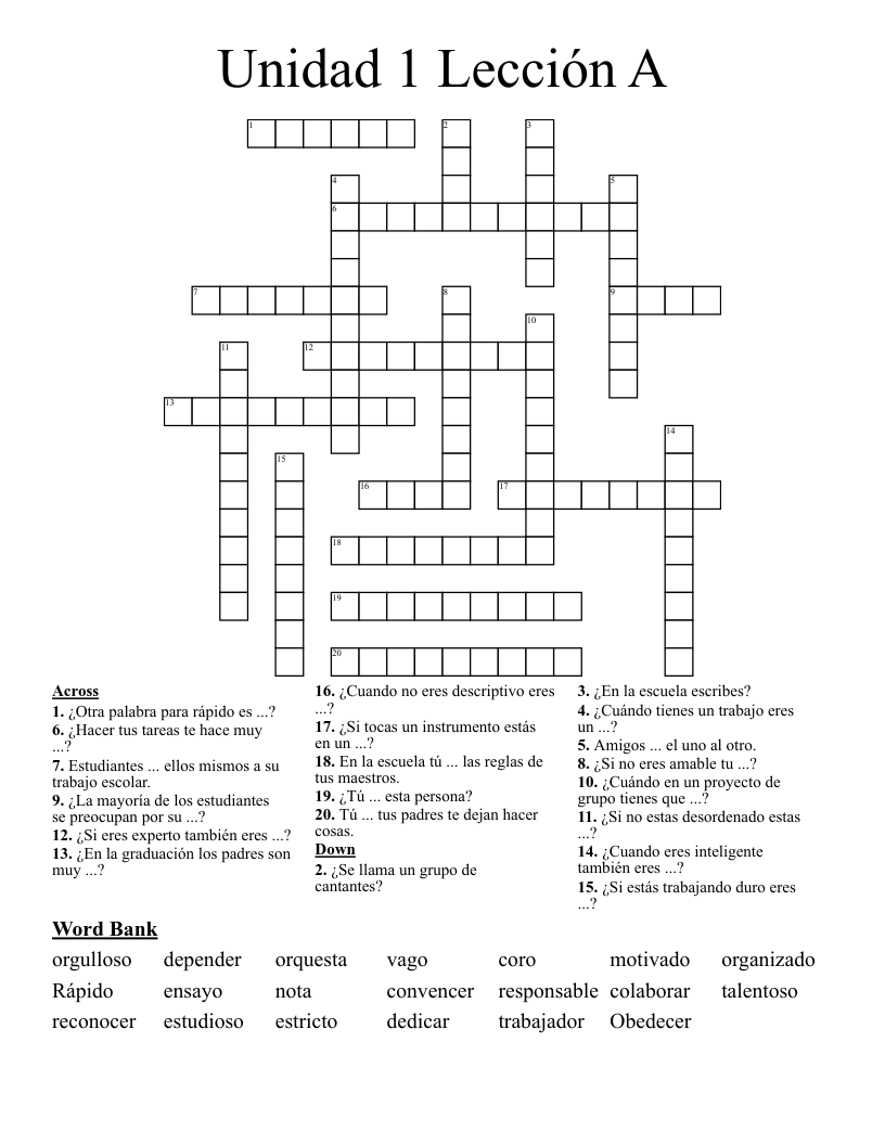 Unidad 1 Lección A Crossword
