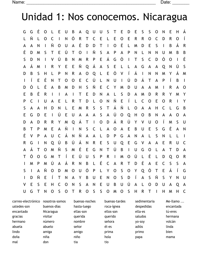 Unidad 1: Nos conocemos. Nicaragua Word Search